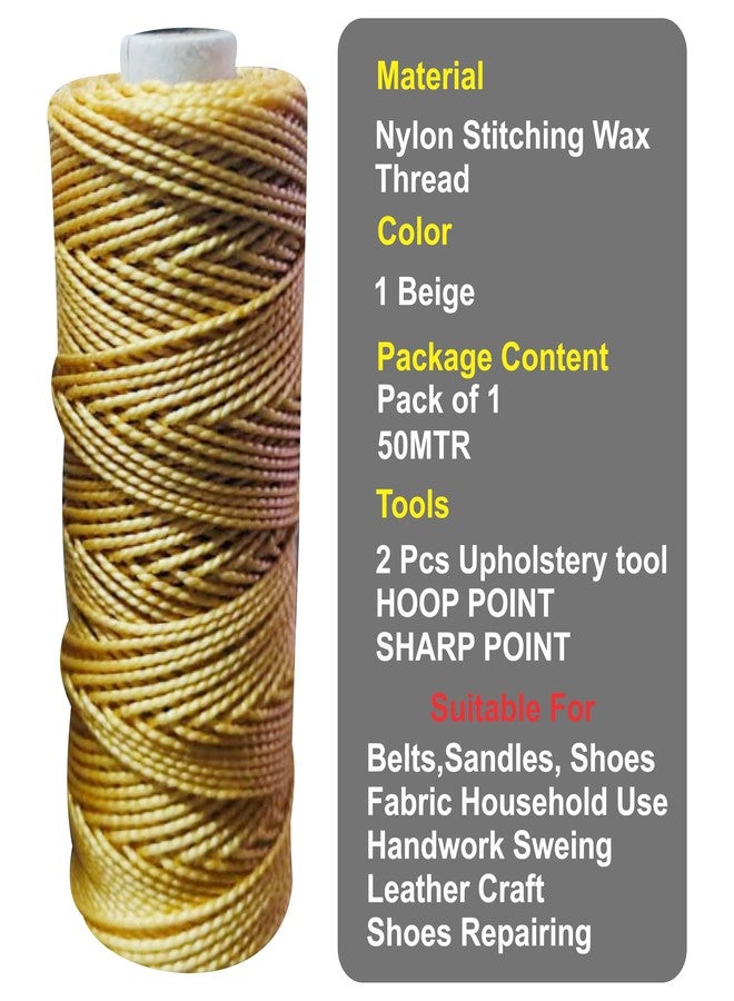 Domick Upholstery Leather 3000 Dyner Wax Nylon Thread, (2 ply Hi Tenacity Nylon) Beige Color, 1 Spool 50 MTR, 2 Pcs Hand Stitching Tool, - Image 3